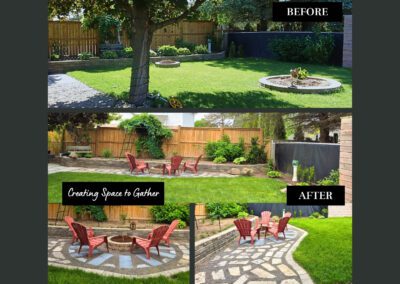 Backyard makeover with a new flagstone patio and fire pit seating area, showing before and after transformation.