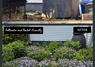 Two-panel image showing a backyard transformation. The top panel ("Before") displays a bare area with a grill, covered object, and recycling bins on bare ground. The bottom panel ("After") presents the same spot now filled with lush, flowering native plants ideal for pollinators and renters.