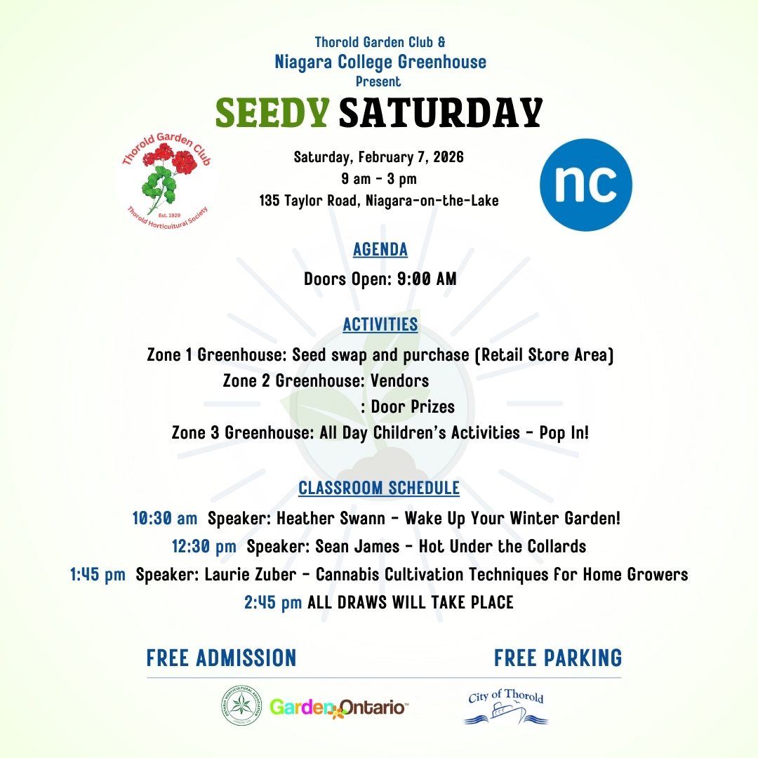 Graphic showing the agenda and schedule for the Thorold Garden Club’s Seedy Saturday event.