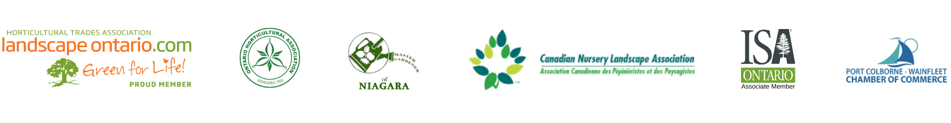 Logos: Landscape Ontario Horticultural Association "Green for Life" orange and green tree version; Ontario Horticultural Association; ISA Ontario - International Society of Arboriculture, Ontario chapter.
